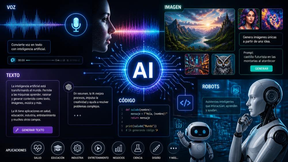 Panel con ejemplos de aplicaciones de inteligencia artificial en voz, texto, imágenes y robótica