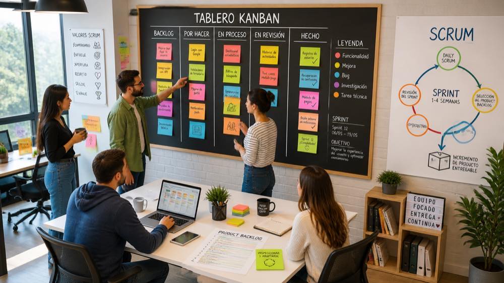 Equipo de trabajo frente a un tablero Kanban físico dividido en columnas backlog, por hacer, en proceso, en revisión y hecho