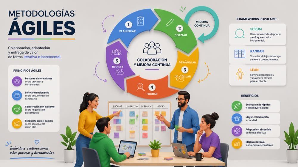 Diagrama de principios ágiles y equipo colaborando alrededor de un tablero de tareas