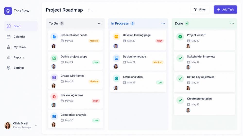 Software de gestión de proyectos con tablero Kanban mostrando columnas de tareas por hacer, en progreso y terminadas