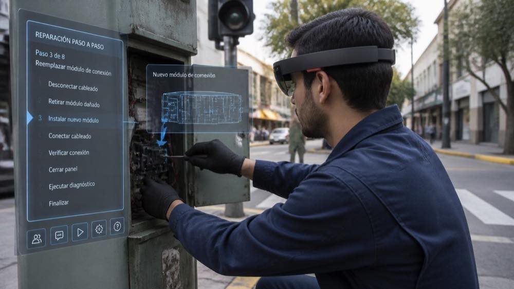 Técnico usando gafas de realidad aumentada para reparar un panel eléctrico con instrucciones superpuestas