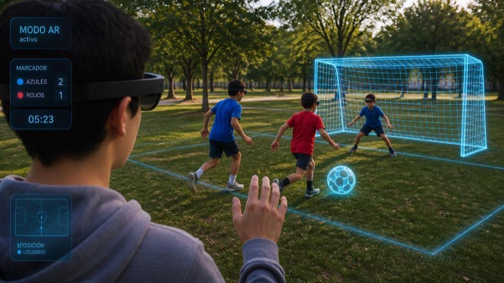 Niños jugando fútbol con una portería y marcador virtual generados por realidad aumentada