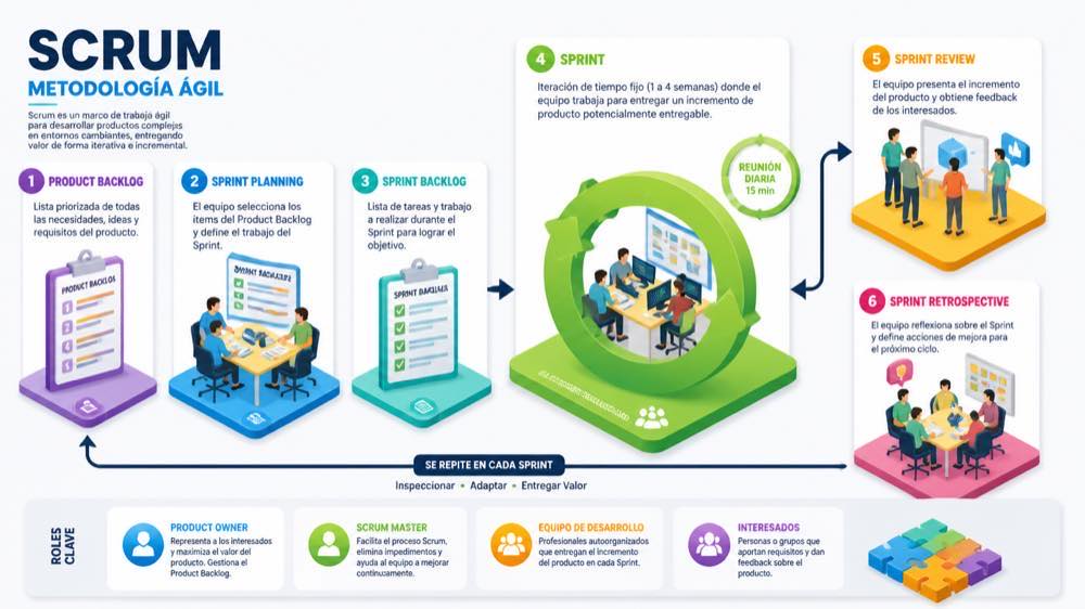 Infografía del flujo completo de Scrum: product backlog, sprint planning, sprint backlog, sprint, review y retrospectiva, con los roles clave