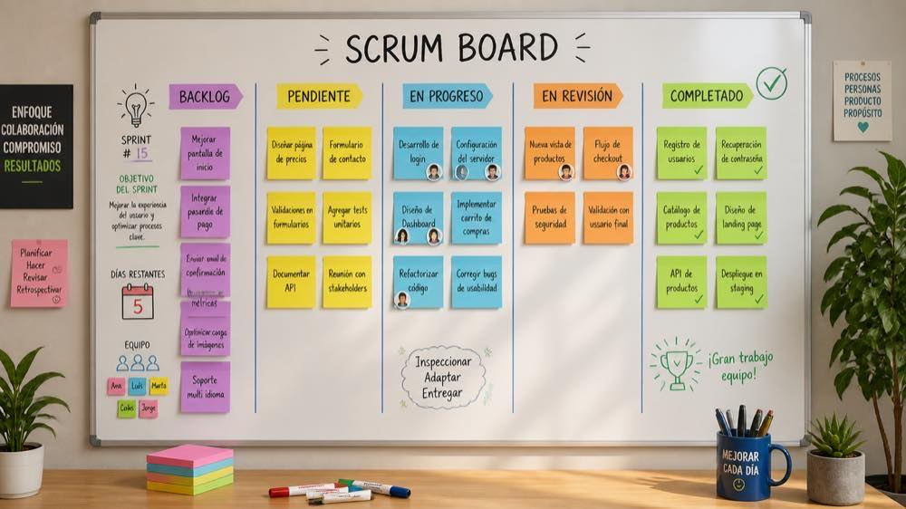 Tablero físico de Scrum con columnas de backlog, pendiente, en progreso, en revisión y completado