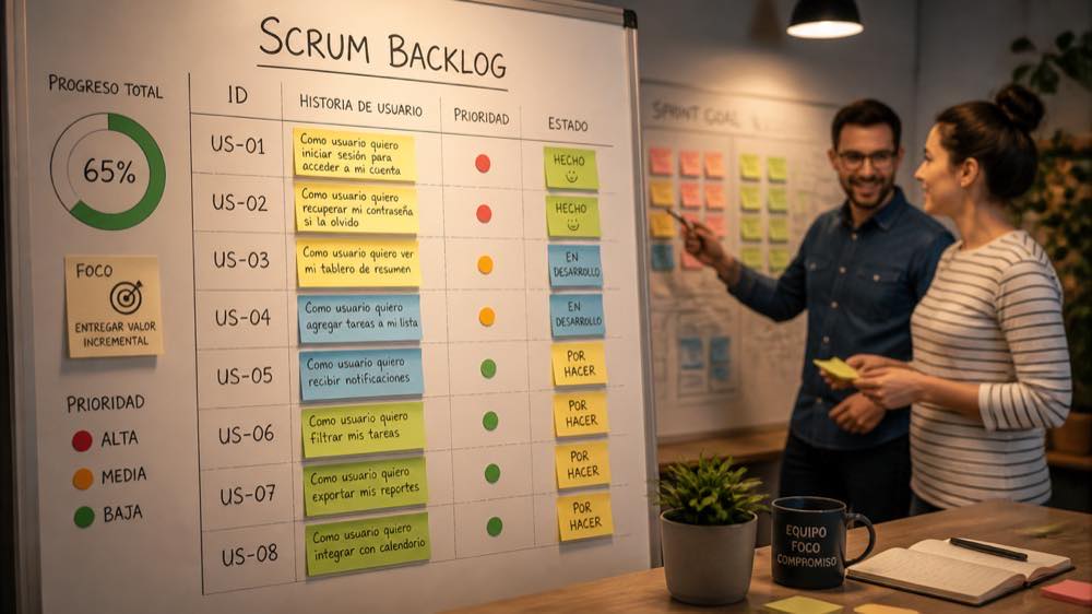 Tablero de Scrum Backlog mostrando historias de usuario, prioridad y estado de cada tarea